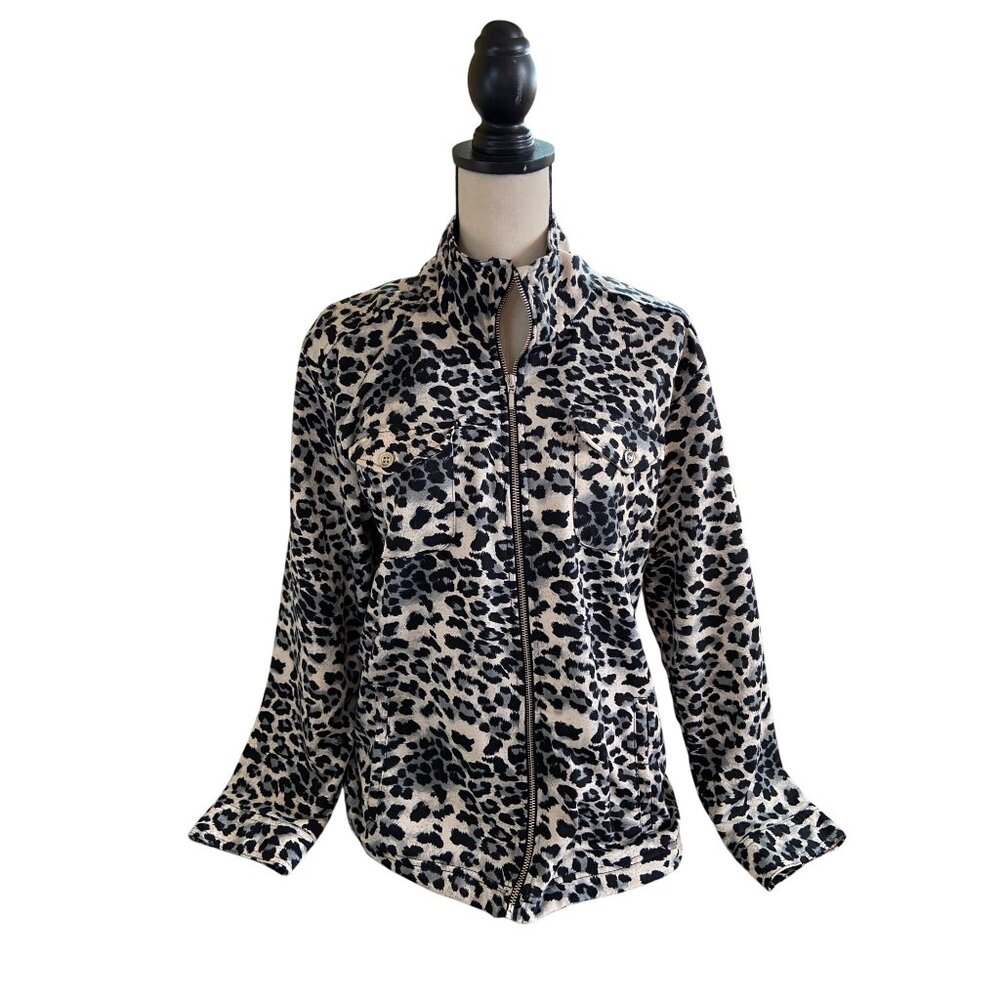Links Womens Leopard Print Jacket Medium Black White Long Sleeve Full Zip Pocket